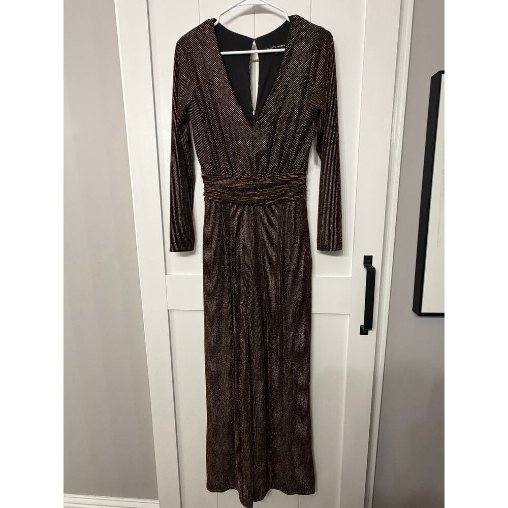 Boston Proper glitter v-neck long sleeve  jumpsuit in black & gold sz XS NWT